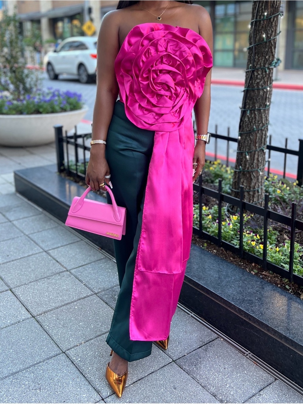 Strapless Rose-Detail Satin Top & Emerald Straight Pants